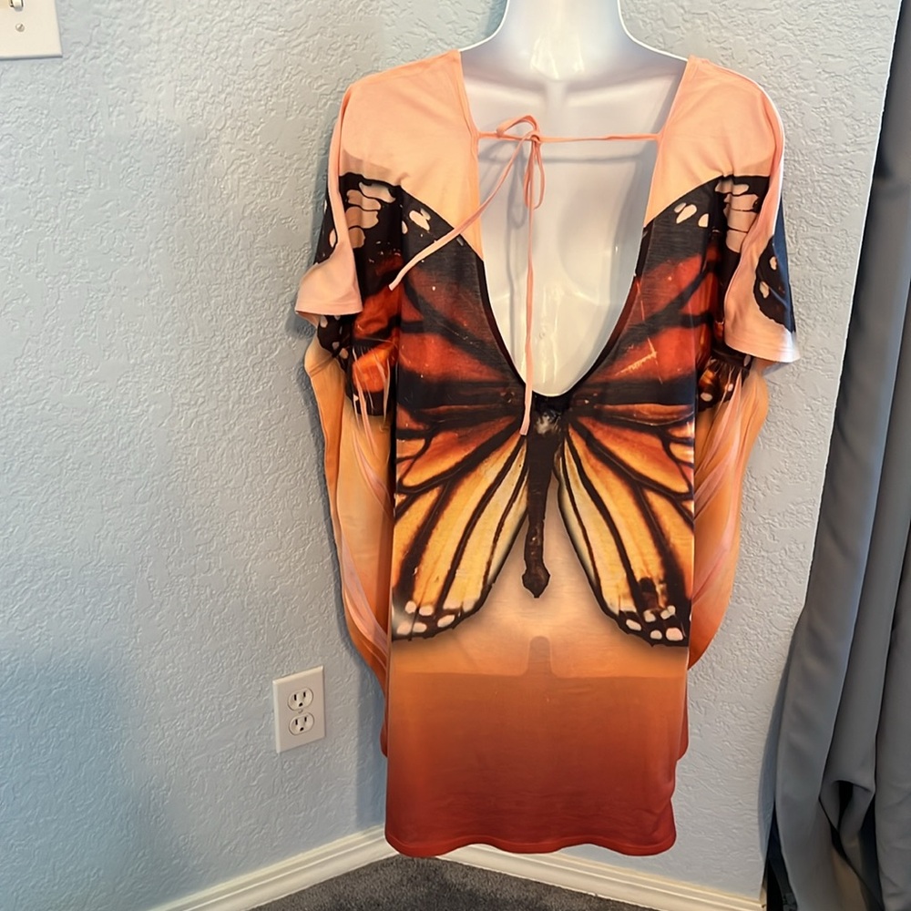 Unity Beach Butterfly Print Screenprint Batwing Tunic Top Swimsuit Coverup Large - Picture 2 of 7
